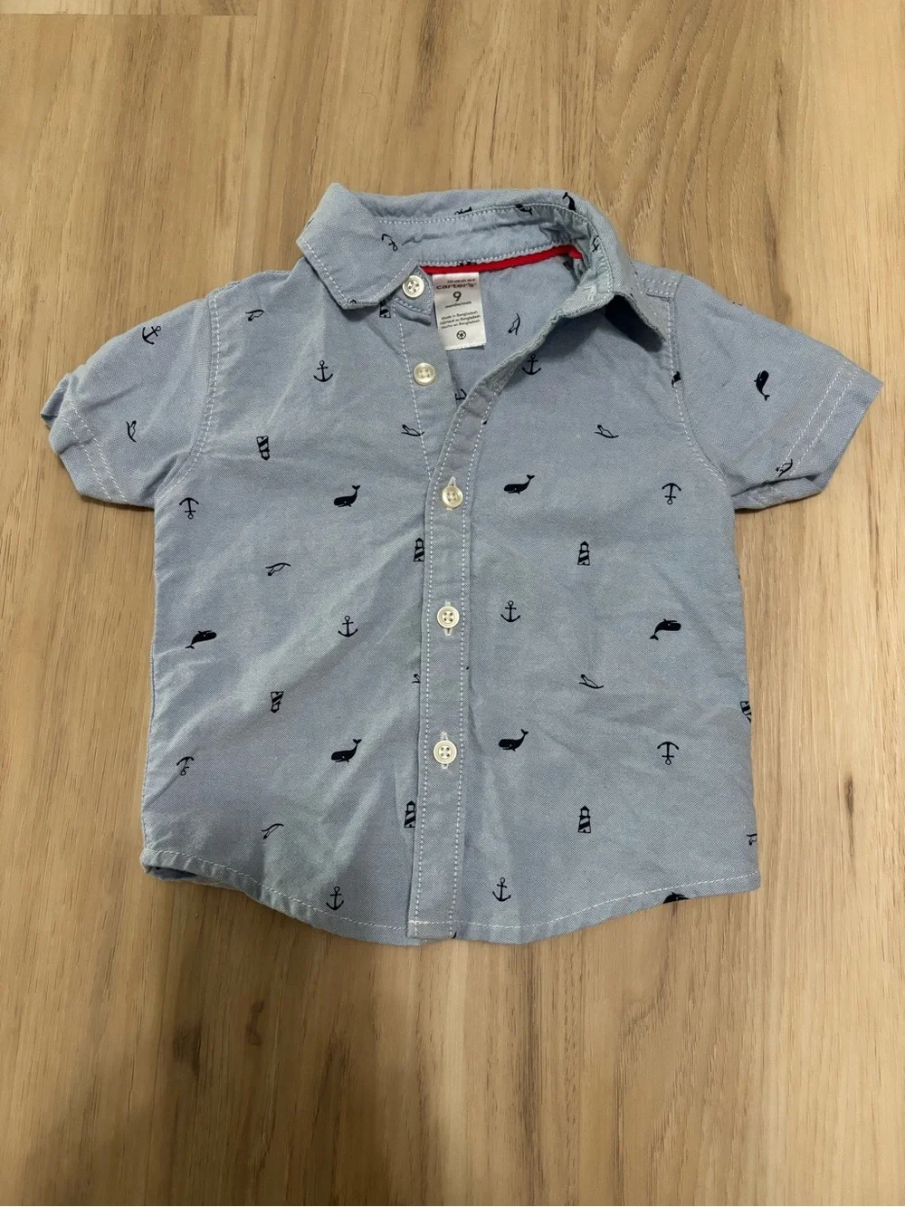 Carter's Light Blue Short-Sleeve Button-Down with Navy Nautical Motifs